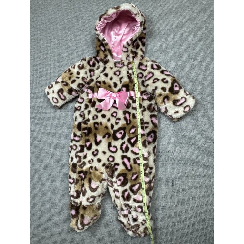 Baby Girls Leopard Print Faux Fur Hooded Bunting Suit 6/9M Satin Bow Lined - Picture 11 of 14